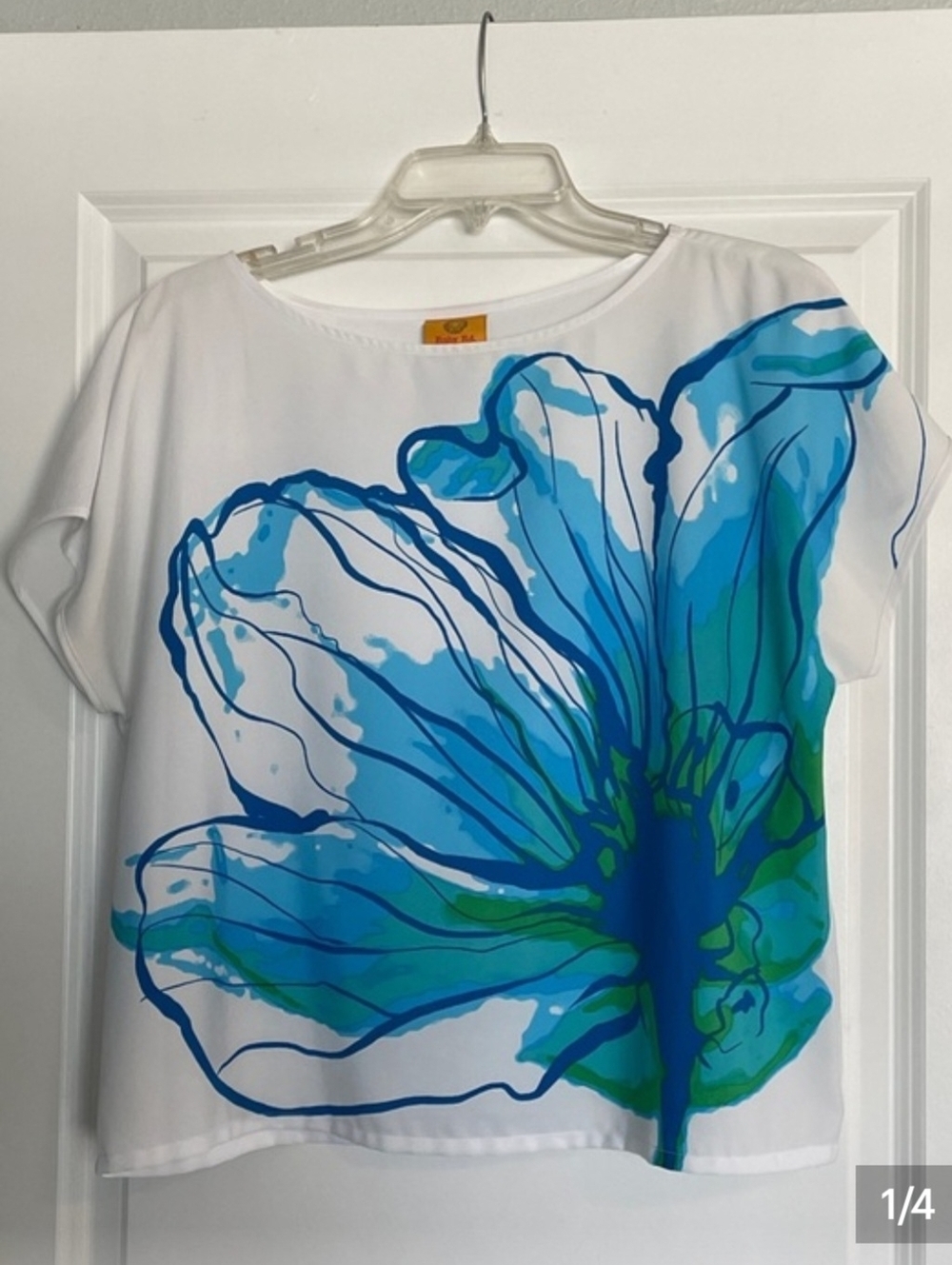 Ruby Rd. White Boxy Top with Blue & Green Floral Print 14 Petite